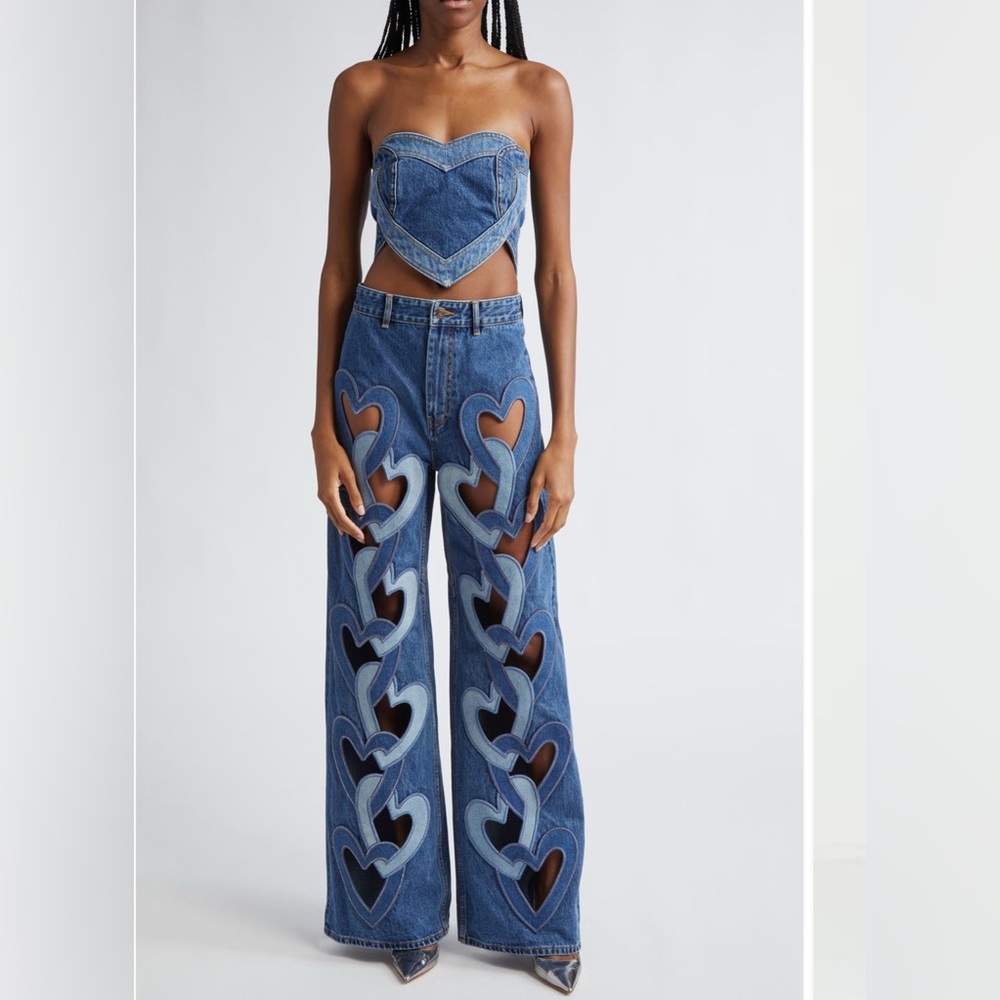 Denim Heart Cutout Strapless top and jeans set- Blue